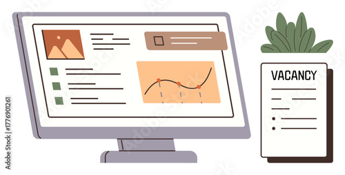 Computer screen presenting analytics with graph, image preview, and checklist beside a vacancy document and desk plant. Ideal for recruitment, job search, HR, analytics, employment, hiring