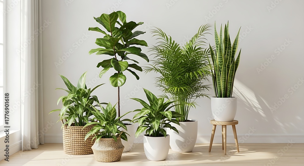 Fototapeta premium Collection of various indoor houseplants in simple pots on a wooden floor near a window