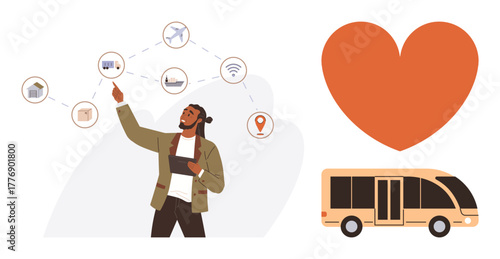 Man interacting with tablet, connected icons for transport, home, wireless, and services. Includes a bus and heart symbol. Ideal for connectivity, smart cities, tech integration community urban