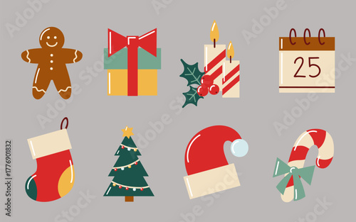 Hand drawn flat Christmas symbols set with gifts, cookies, candles and holiday decorations. Vector isolated illustration.