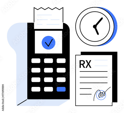 Payment terminal with receipt, clock, and signed prescription form. Ideal for healthcare, pharmacy, scheduling, time management, payment systems efficiency accuracy. Simple flat metaphor