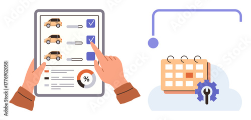 Hands interacting with car selection checklist on tablet, showing percentages. Display includes a calendar and gear icon. Ideal for car rental, maintenance, scheduling, management, digital planning
