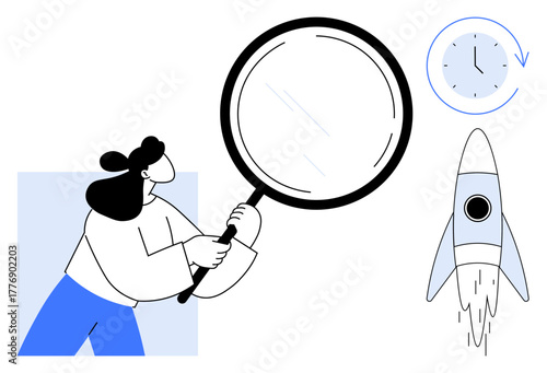 Woman holding magnifying glass, observing closely. Rocket symbolizes innovation, and clock suggests time efficiency. Ideal for research, focus, planning, productivity, innovation exploration