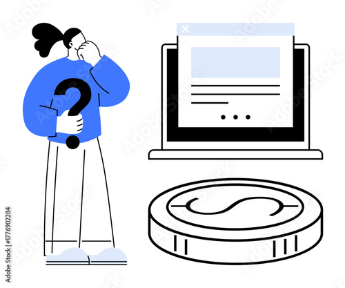 Individual holding a question mark, pondering choices, next to a laptop and a coin. Ideal for finance, budgeting, problem-solving, decision-making, investment, online transactions economic