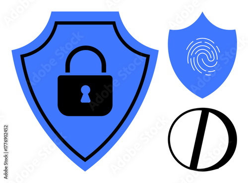 Blue shield with lock, fingerprint icon, and circle split icon highlighting digital security. Ideal for cybersecurity, privacy, biometrics, authentication, data protection, encryption identity