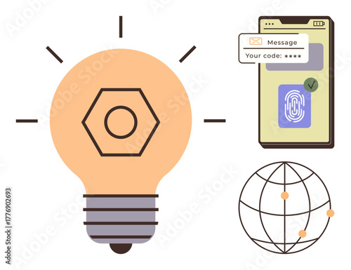 Light bulb for creativity, smartphone with fingerprint security, and connected globe. Ideal for innovation, tech, security, global network, communication problem-solving digital solutions. Simple