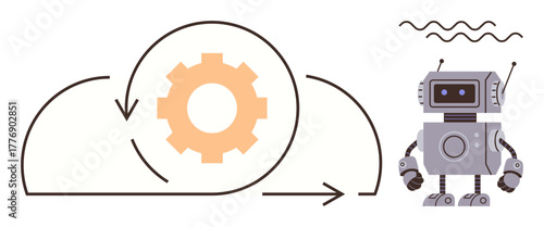 Robot next to circular arrows and gear representing automation, process efficiency, and workflow concept. Ideal for innovation, AI, robotics, technology, cloud computing, development simple flat