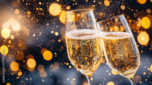 Two elegant champagne glasses clinking together, sparkling bubbles rising, against a blurred background of golden bokeh lights, celebrating joy and special moments in a festive atmosphere