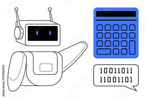 Robot interacting with a calculator, expressing binary code in a speech bubble. Ideal for technology, innovation, artificial intelligence, data science, coding, automation education. Flat simple