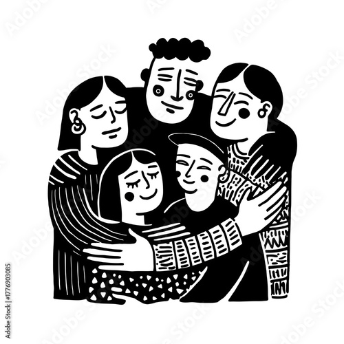 Joyful diverse group embracing tightly, celebrating connection and unity in a heartwarming, artistic style perfect for conveying love and togetherness.