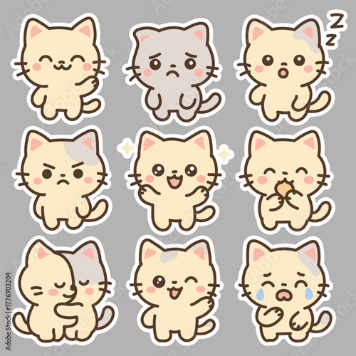 Cute Kawaii Cat Sticker Vector Illustration