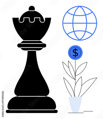 Black chess crown, potted plant with dollar bloom, and global connectivity icon. Ideal for strategy, growth, business planning, innovation, investment global vision sustainability. Simple flat