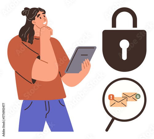 Contemplative woman holding a tablet, large padlock symbolizing security, and magnifying glass over emails. Ideal for cybersecurity, data protection, digital privacy, email security, internet safety