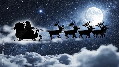 Silhouette of Santa Claus flying through the night sky with his eight reindeer