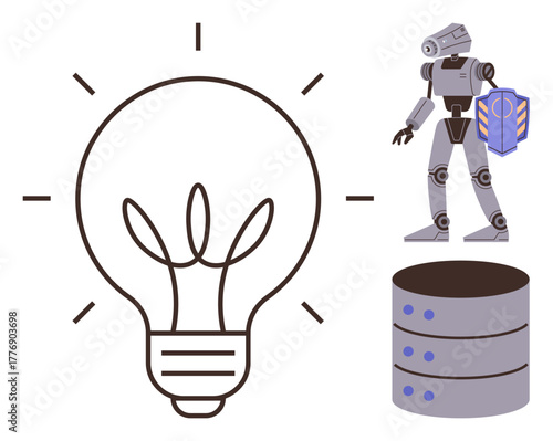 Lightbulb signifies creativity, robot symbolizes AI, database illustrates big data. Ideal for AI development, innovation, data science, machine learning, technology, automation futuristic concepts