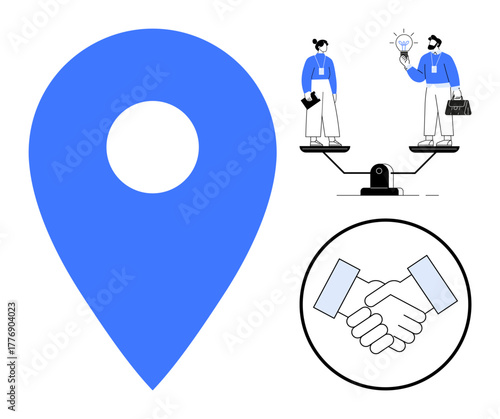 Blue location marker beside professionals balancing ideas on a scale and a handshake beneath. Ideal for teamwork, collaboration, business ethics, negotiation, trust, equality, partnership. Flat