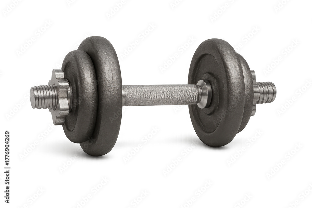 Fototapeta premium Adjustable metal dumbbell for strength training and fitness workouts, representing weightlifting and muscle building