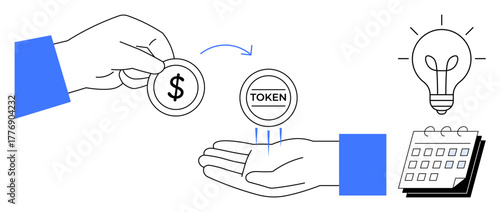 Hands exchanging dollar coin for token, arrow indicating transaction, glowing lightbulb for ideas, calendar symbolizing planning. Ideal for finance, innovation, trade, planning, investment startup