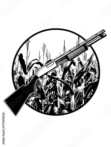Iconic shotgun silhouette poised ominously within a dense cornfield, evoking rural suspense and harvest intrigue for dramatic visuals