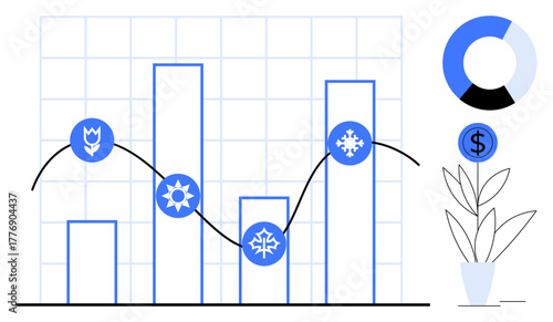Bar chart with seasonal icons for spring, summer, winter, and autumn overlaying data, line graph connecting trends, doughnut chart, and plant illustration. Ideal for business, finance growth