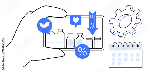 Hand holding smartphone showing product bottles with sale and eco-friendly icons, gear, calendar. Ideal for e-commerce, marketing, product promotion, retail, discounts, UI design simple flat