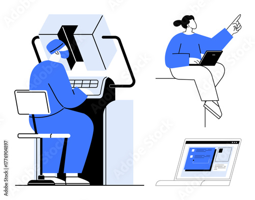 Worker operating machine console, remote employee using laptop, software interface. Ideal for automation, teamwork, remote work, technology, collaboration communication productivity. Simple flat