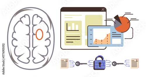 Brain MRI scan, analytics dashboards with charts, and blockchain chain with lock for secure data. Ideal for neuroscience, technology, innovation, research, security blockchain and data analysis. A