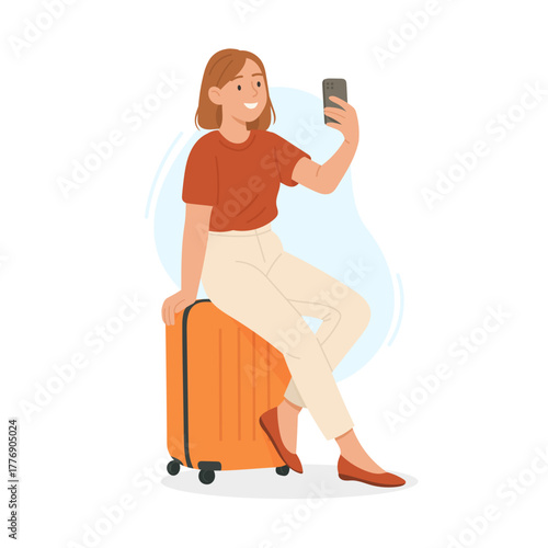 Young woman sitting on suitcase and taking selfie with smartphone, concept of travel, waiting at airport, adventure, and digital lifestyle, flat vector illustration for tourism or vacation themes.