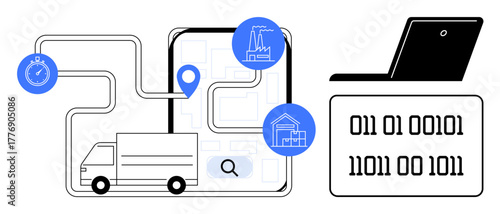 Delivery truck route mapped on digital interface with binary overlay, stop markers, industries, and search tool. Ideal for logistics, transportation, technology, data management, supply chain