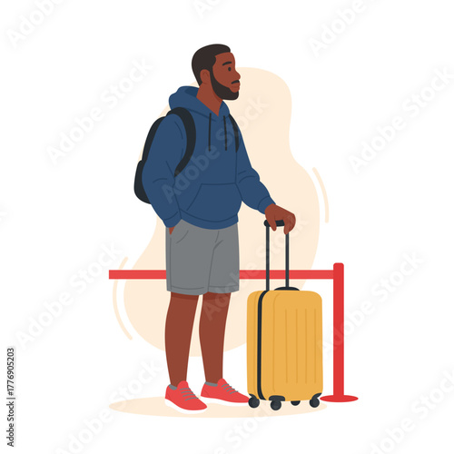 Young man traveler standing with suitcase and backpack, dressed in casual hoodie and shorts, waiting at airport check-in line, concept of travel, journey, and modern vacation lifestyle