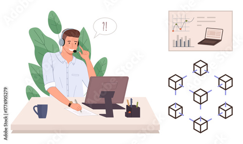 Professional man with a headset working on a computer, viewing blockchain connections and analytics on a chart. Ideal for technology, finance, communication, customer service, blockchain, remote
