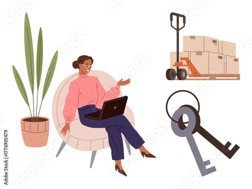 Woman seated with laptop gesturing, pallet truck with boxes symbolizing storage, keys for ownership or security. Ideal for logistics, real estate, e-commerce, business planning, communication