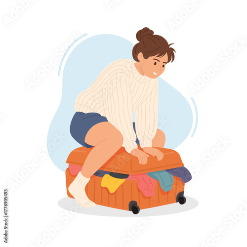 young lady struggles to close overflowing travel suitcase in bright room, woman in casual attire attempting to zip up overstuffed baggage during sunny weekend escape