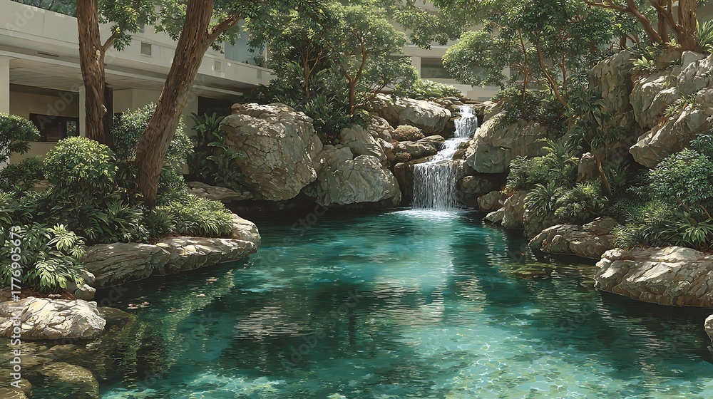 Naklejka premium Refreshing tropical waterfall in peaceful indoor oasis high resolution picture