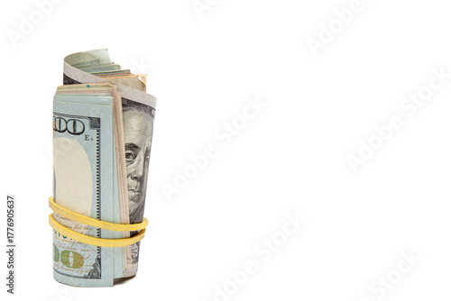 Rolled money: Stack of $100 USD bills for finance and success