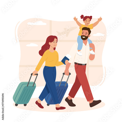 Happy family with child traveling at airport, parents with suitcases walking together, dad carrying daughter on shoulders, concept of vacation, trip, adventure, and joyful travel lifestyle