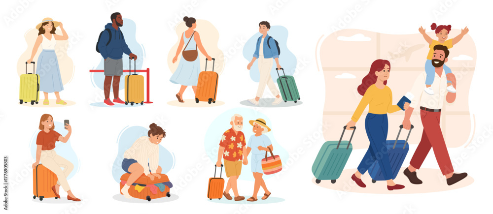 Fototapeta premium Collection of diverse travellers with suitcase capturing modern travel lifestyle, suitcase symbolizing vacation, suitcase evoking adventure, freedom, tourism, family trip, and global exploration