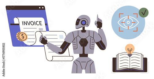 AI robot holding invoice, surrounded by eye recognition, approved payment, and open book icons. Ideal for automation, AI management, finance, tech innovation, business intelligence efficiency tools