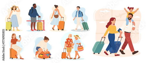 Collection of diverse travellers with suitcase capturing modern travel lifestyle, suitcase symbolizing vacation, suitcase evoking adventure, freedom, tourism, family trip, and global exploration