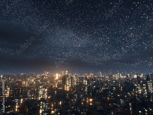 Wallpaper Mural Night cityscape sparkles beneath a dazzling starry sky, where building lights meet the cosmic glow in a symphony of urban and celestial beauty. Torontodigital.ca