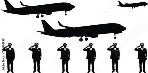 Silhouette pilots saluting, airplanes flying, aviation tribute, military ceremony, flight team, uniformed figures, vector art, air force, professional salute, jet formation, pilot honor, 
