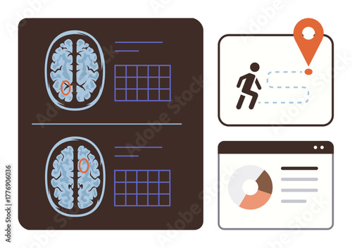 Brain scans with highlighted regions, runner and location marker representing activity tracking, chart in browser window symbolizing data analysis. Ideal for neuroscience, health, research, tracking