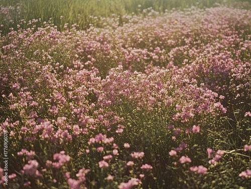 Wallpaper Mural Pink wildflowers field, summer sunlight, nature background, idyllic scene, for calendar or website. Torontodigital.ca