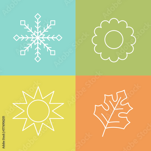 seasonal icon set. four clean minimalist line illustrations representing winter, spring, summer, and autumn