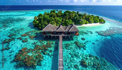 Idyllic Tropical Island Paradise Overwater Bungalow Resort Turquoise Water Lush Green Palm Trees and Coral Reefs Under Clear Blue Sky in Maldives
