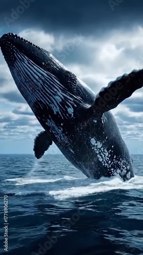 Majestic Humpback Whale Breaching the Ocean Surface Under Cloudy Skies.