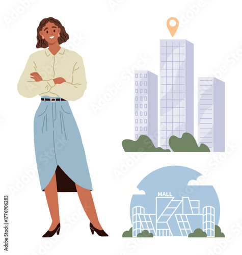 Confident professional in formal attire stands with arms crossed near high-rise buildings marked by a location pin and modern shopping mall. Ideal for business, real estate, navigation, tourism