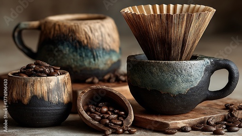 Rustic bamboo coffee filter with roasted beans high resolution picture