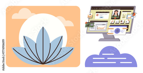 Lotus flower and serene background symbolize peace, computer screen displays graphs, charts, and data. Ideal for productivity, mindfulness, balance, technology, analytics digital work nature
