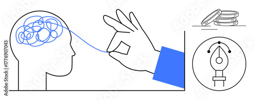 Hand extracting tangled line from human brain, pen tool icon, and stacked coins. Ideal for creativity, critical thinking, problem-solving, innovation, mental clarity, productivity simple flat